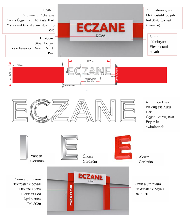 Eczane tabelası teknik özelliklerini gösteren görsel.