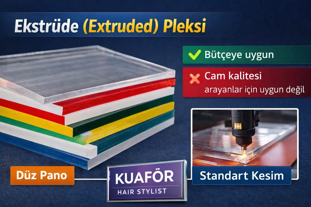 Ekstrüde pleksi levha görseli: bütçeye uygun akrilik, standart kesim uygulamaları ve düz pano tabela örnekleri