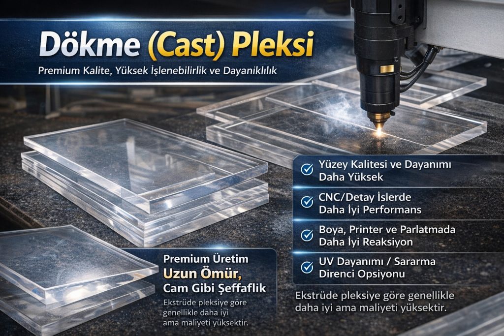 Dökme (cast) pleksi levha CNC ile kesilirken; yüzey kalitesi, dayanım ve detay işlerde performans avantajlarını anlatan yatay görsel