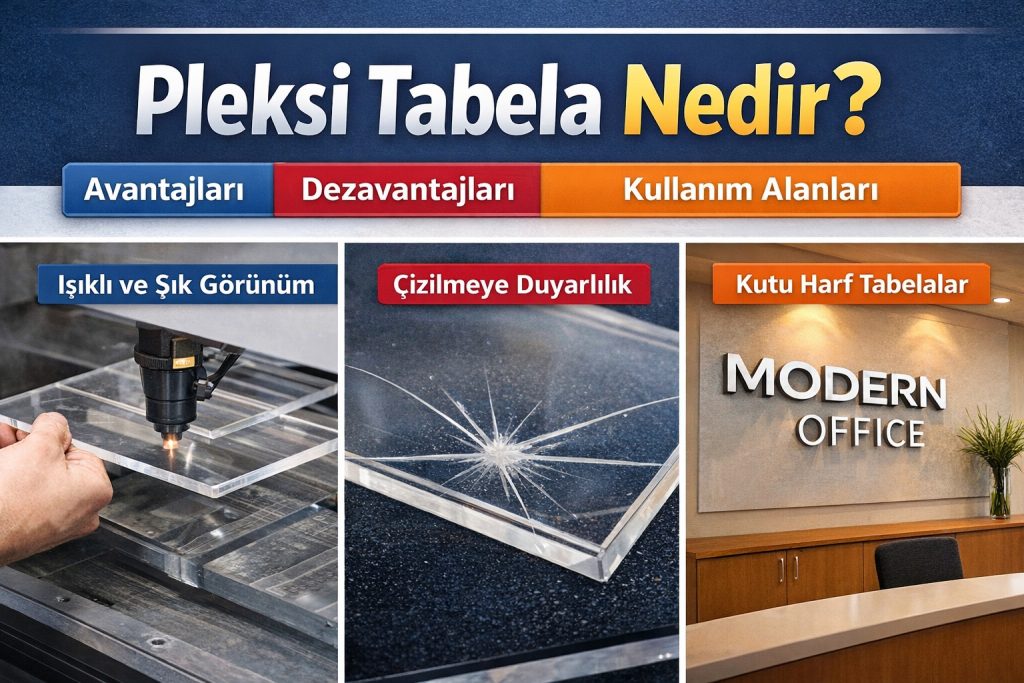 Pleksi tabela yatay infografik: ışıklı ve şık görünüm, çizilmeye duyarlılık ve kutu harf tabela kullanım örnekleri